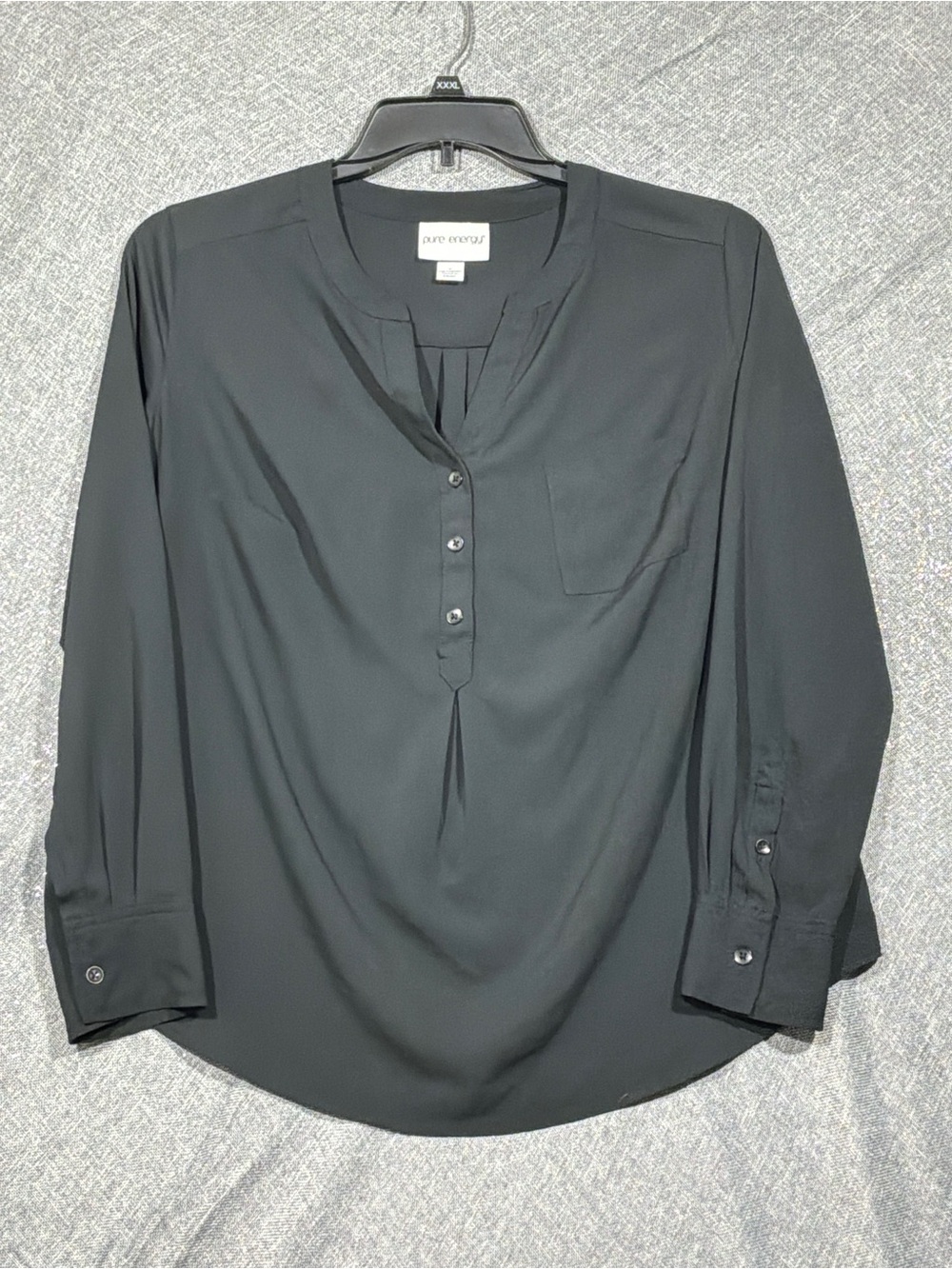 Pure Energy Black Henley-Style Button Front Blouse